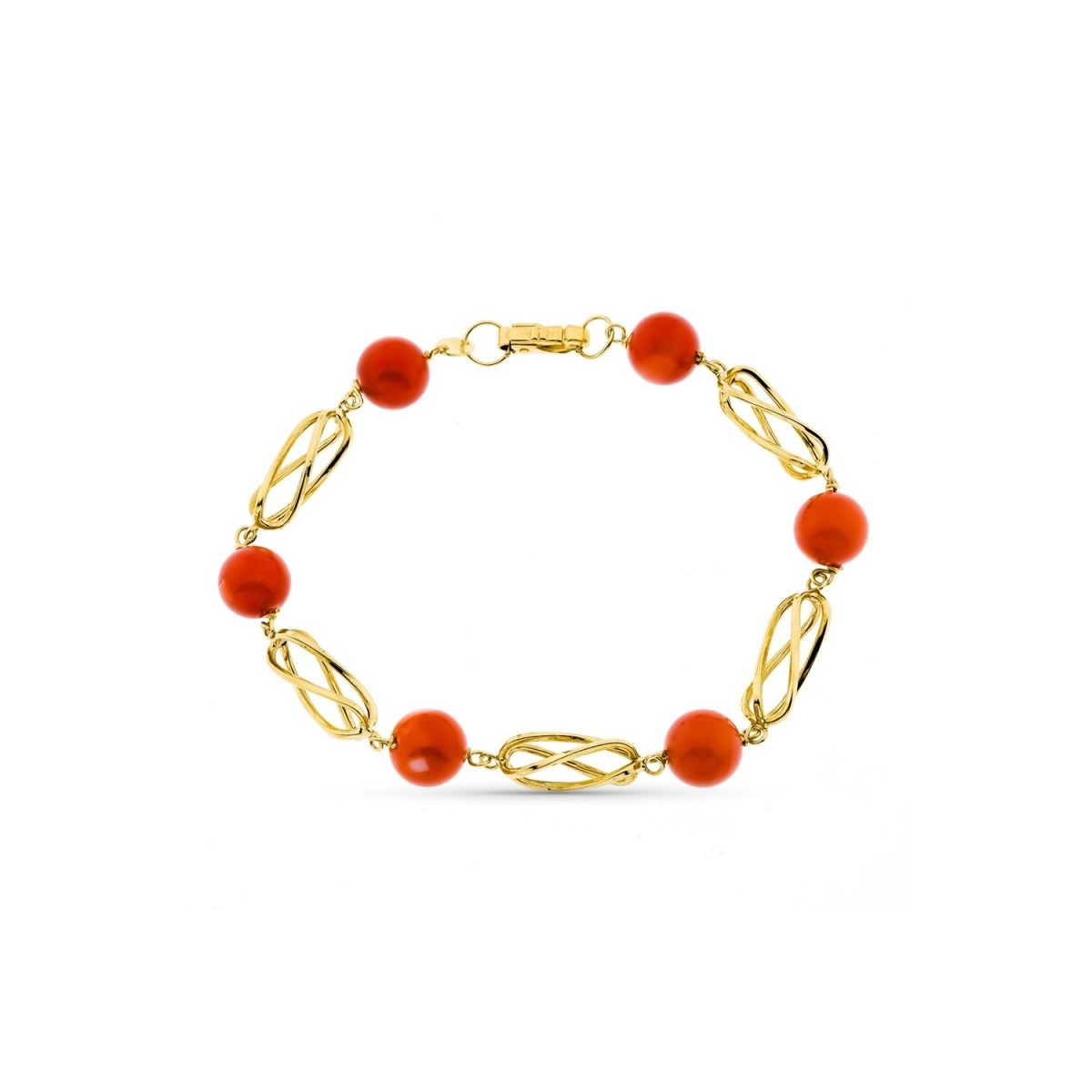 Pulsera oro 18k mujer 20.5 cm. jaulas alargadas combinadas coral fino japonés 8 mm. mosquetón