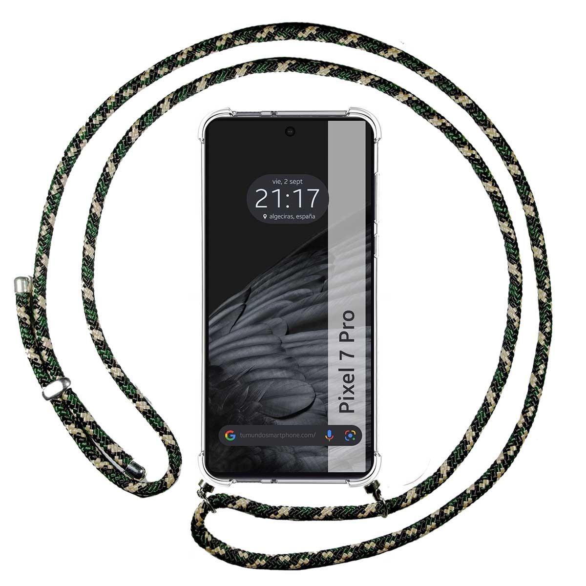 Tumundosmartphone Funda Colgante Transparente para Google Pixel 7 Pro 5G con Cordon Verde / Dorado - Protección Antigolpes