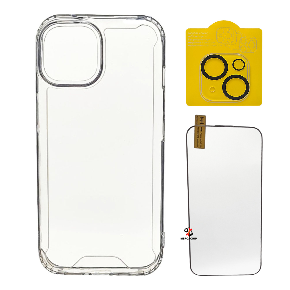 Mercachip - Pack iphone 15, protector de silicona transparente, protector cámara y cristal templado transparente iphone 15 pro, iphone 15 plus, iphone 15 pro max, protección total case
