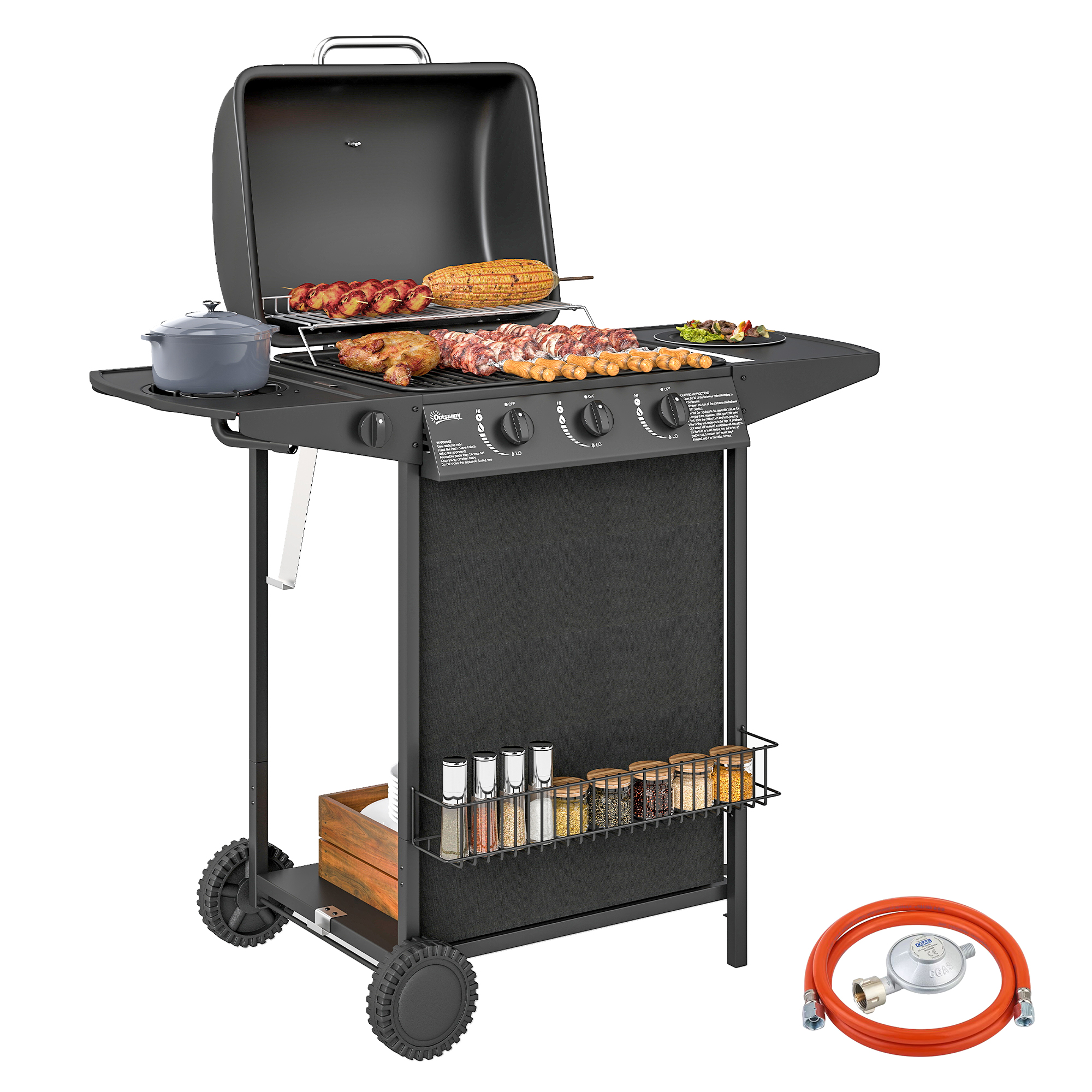 Outsunny Barbacoa de Gas BBQ Gas con 3+1 Quemadores 9,5 kW Barbacoa Portátil con Termómetro Mesa Lateral Estante Especiero Parrilla Recogedor de Grasa 2 Ruedas para Jardín Exterior Camping Negro