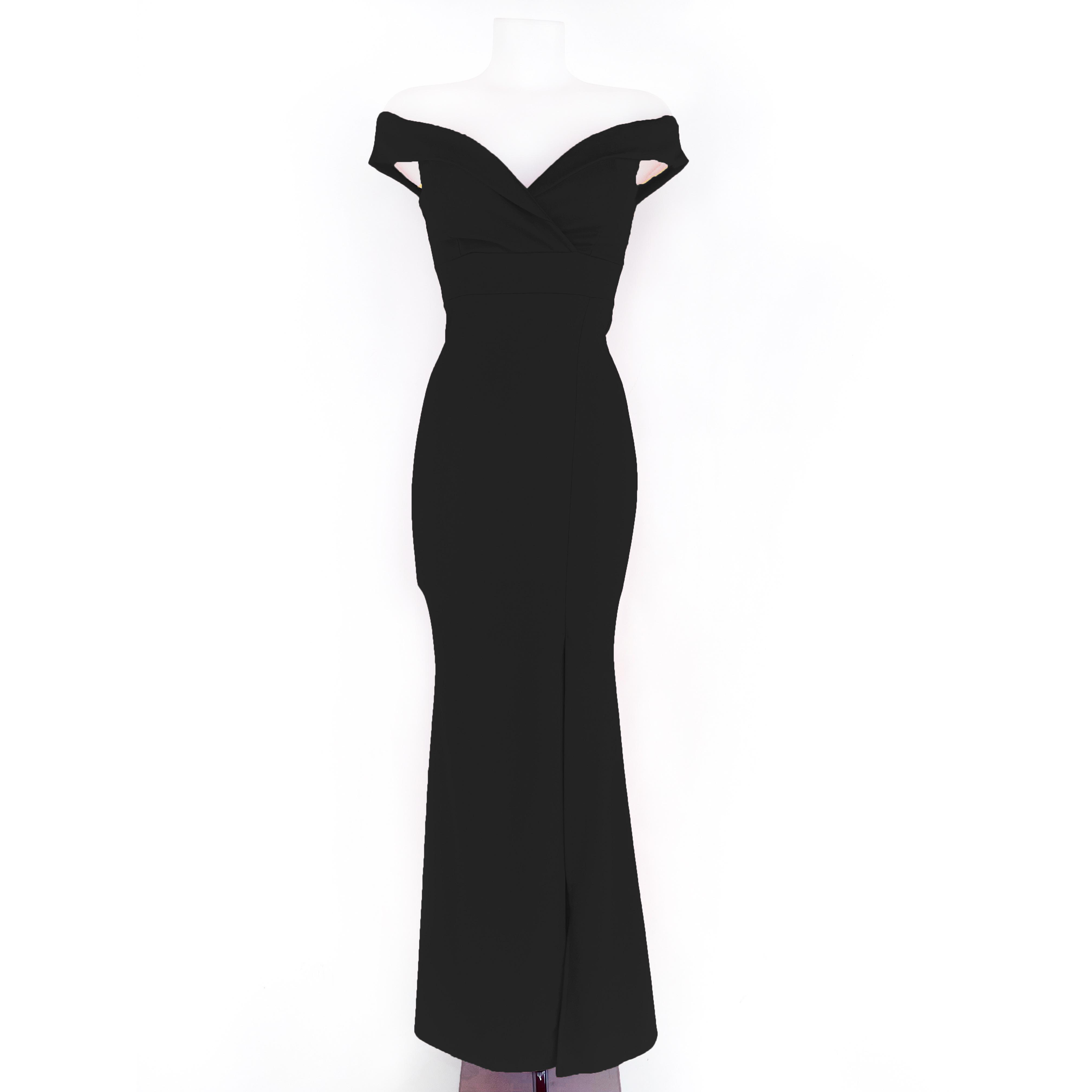 Vestido largo escote de hombros caídos. Cremallera trasera con apertura delantera mostrando piernas, relleno en el pecho.