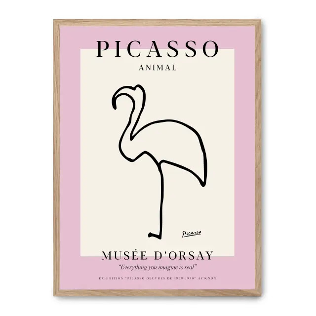 Cuadro flamingo 30x40cm, Póster impreso en papel de primera calidad de 180gr, montado sobre marco de madera MDF acabado roble., Arte - Pintores famosos - Picasso