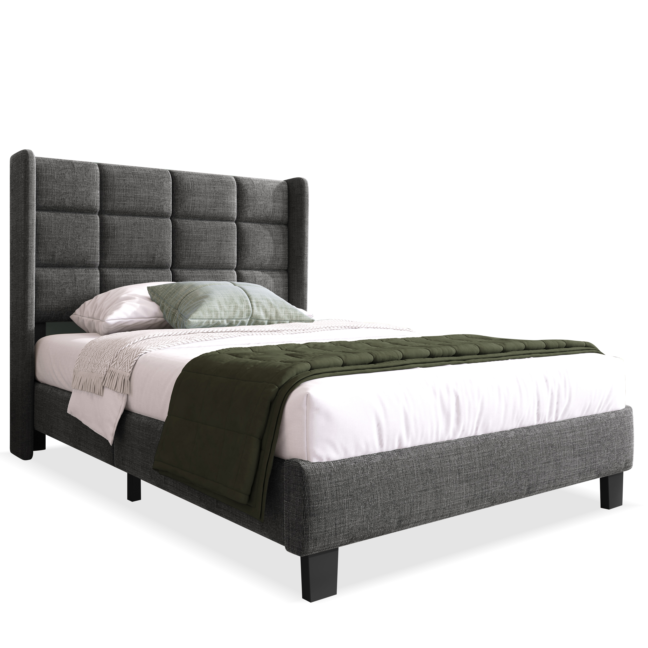 Lit simple rembourré gris 90 x 200 cm en tissu lin avec tête de lit capitonnée et sommier à lattes
