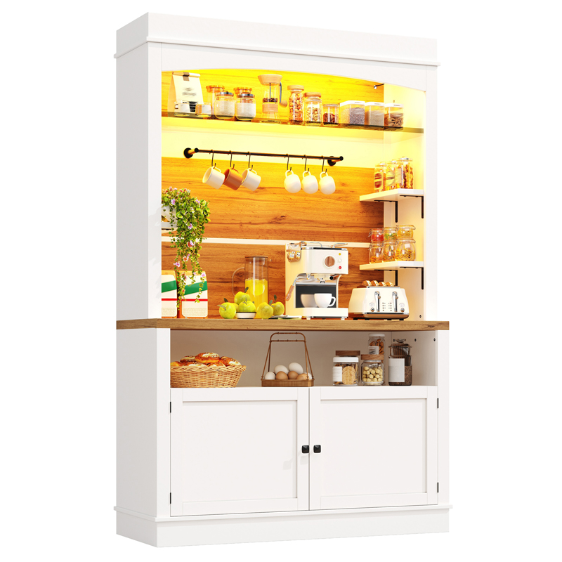 Buffet haut blanc avec étagères en verre, éclairage LED et rangements