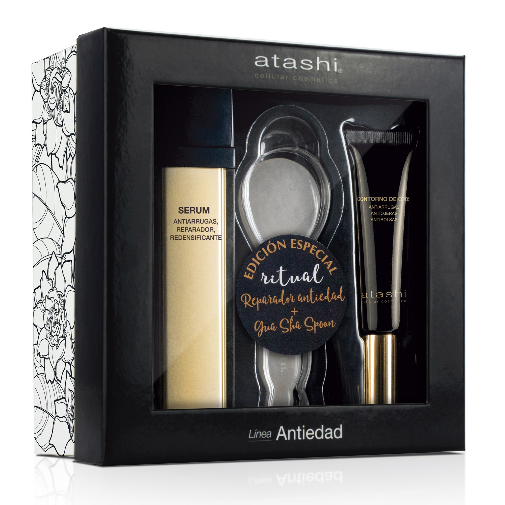 Atashi Cofre Ritual Reparador Antiedad | Sérum Redensificante Antiarrugas, 50 ml + Contorno de Ojos Antiarrugas, 15 ml + Gua Sha Spoon | Tratamiento Antiarrugas Profundas