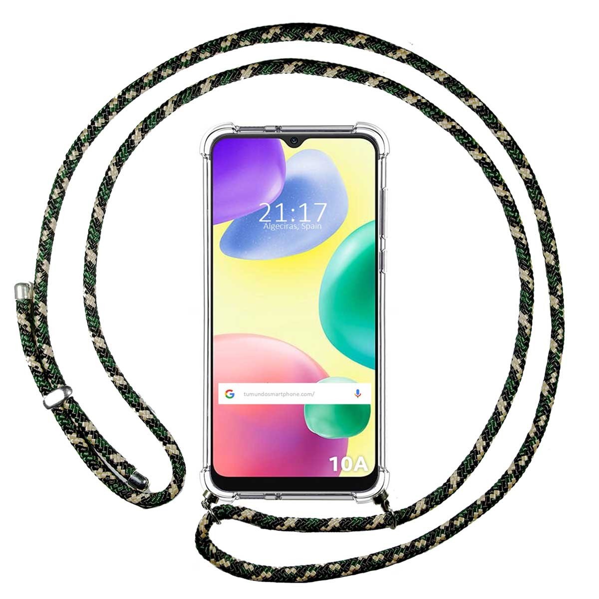 Funda Colgante Transparente para Xiaomi Redmi 10A con Cordon Verde / Dorado