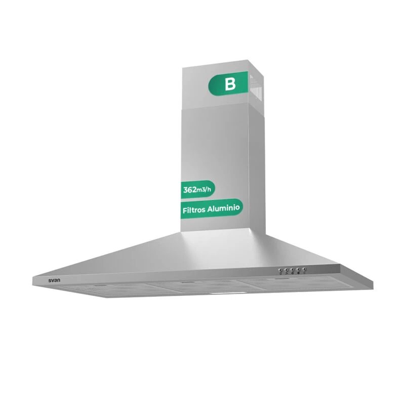 Campana Decorativa Piramidal Svan SCPP901BX 90cm 362m³/h Clase B Inox  | 55dB, Niveles Extracción 3