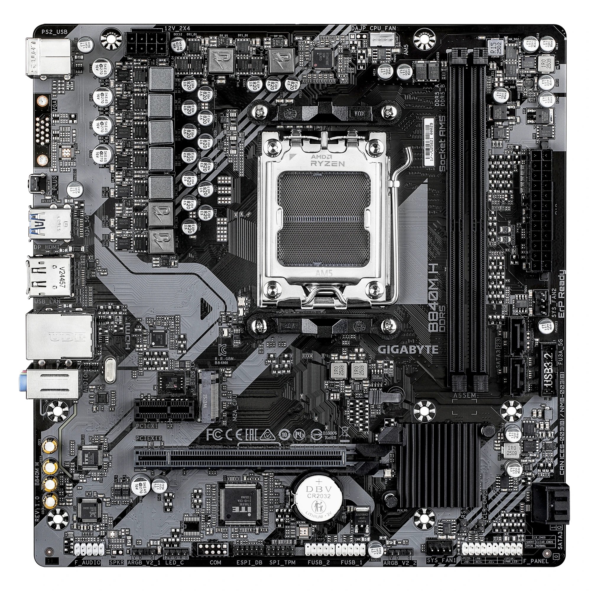 Gigabyte - Placa base B840M H para procesadores AMD Ryzen 9000 con VRM de 5+2+2 fases, soporte DDR5 hasta 7200 MHz y ranura M.2 PCIe 4.0