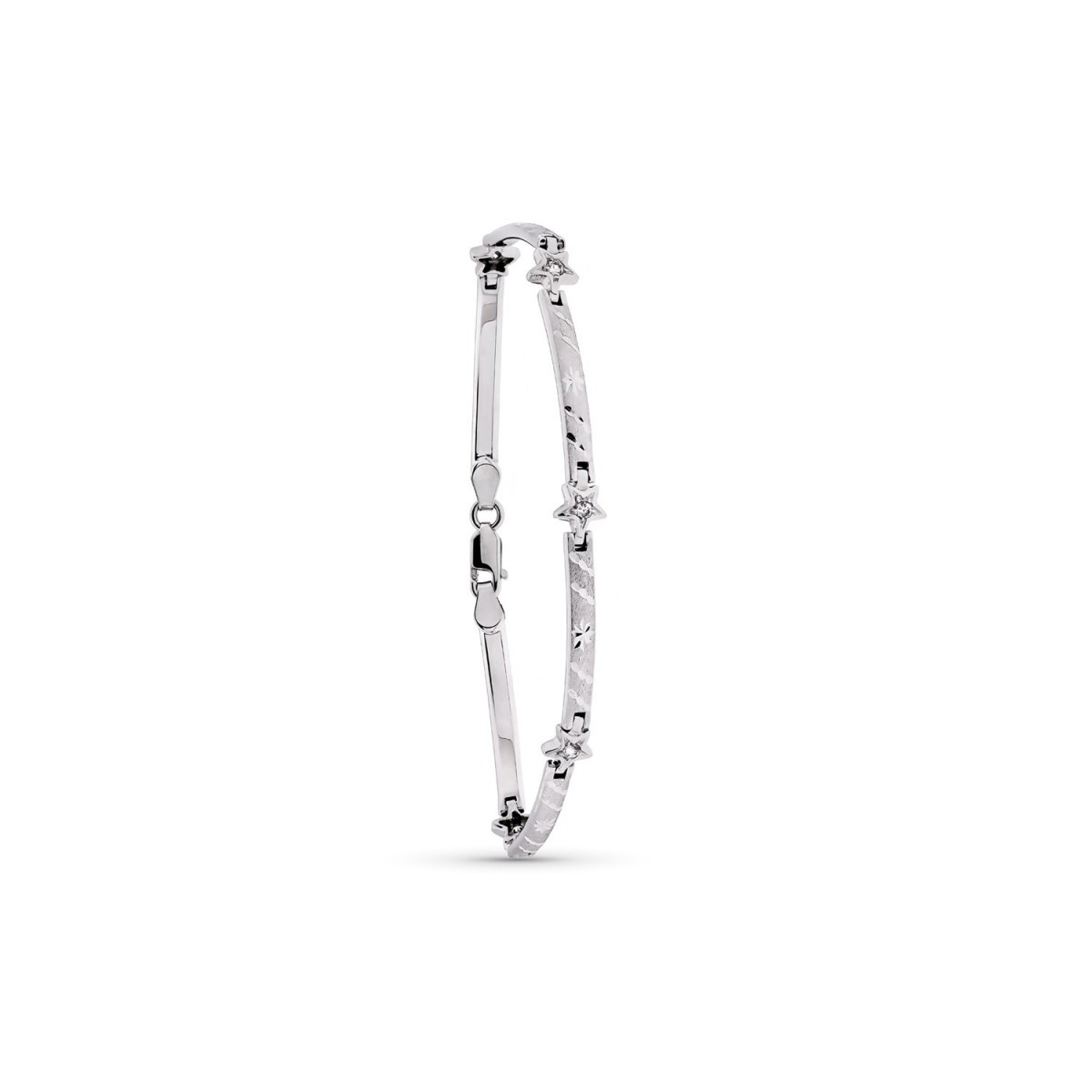 Pulsera oro blanco 18k mujer 19 cm. mate y brillo detalles tallados barra estrellas circonitas