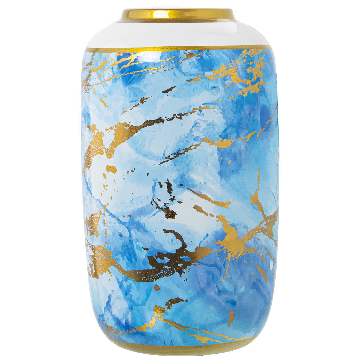 Jarron ceramica blanco, azul, dorado 18x30cm