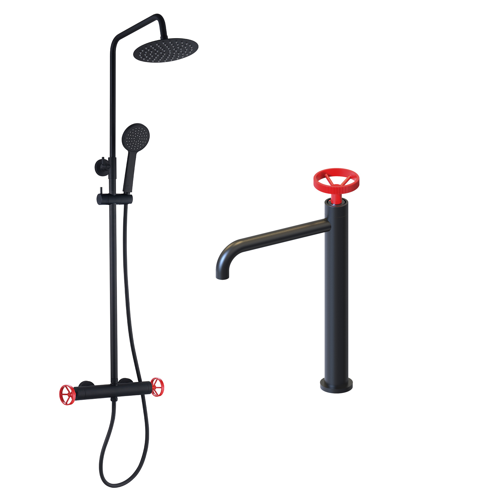 K2O Pack Columna de Ducha 83-119cm y Grifo de Lavabo Monomando K2O 23x6,7x37cm Negro Mate Reguladores Rojos, Latiguillos y Aireador