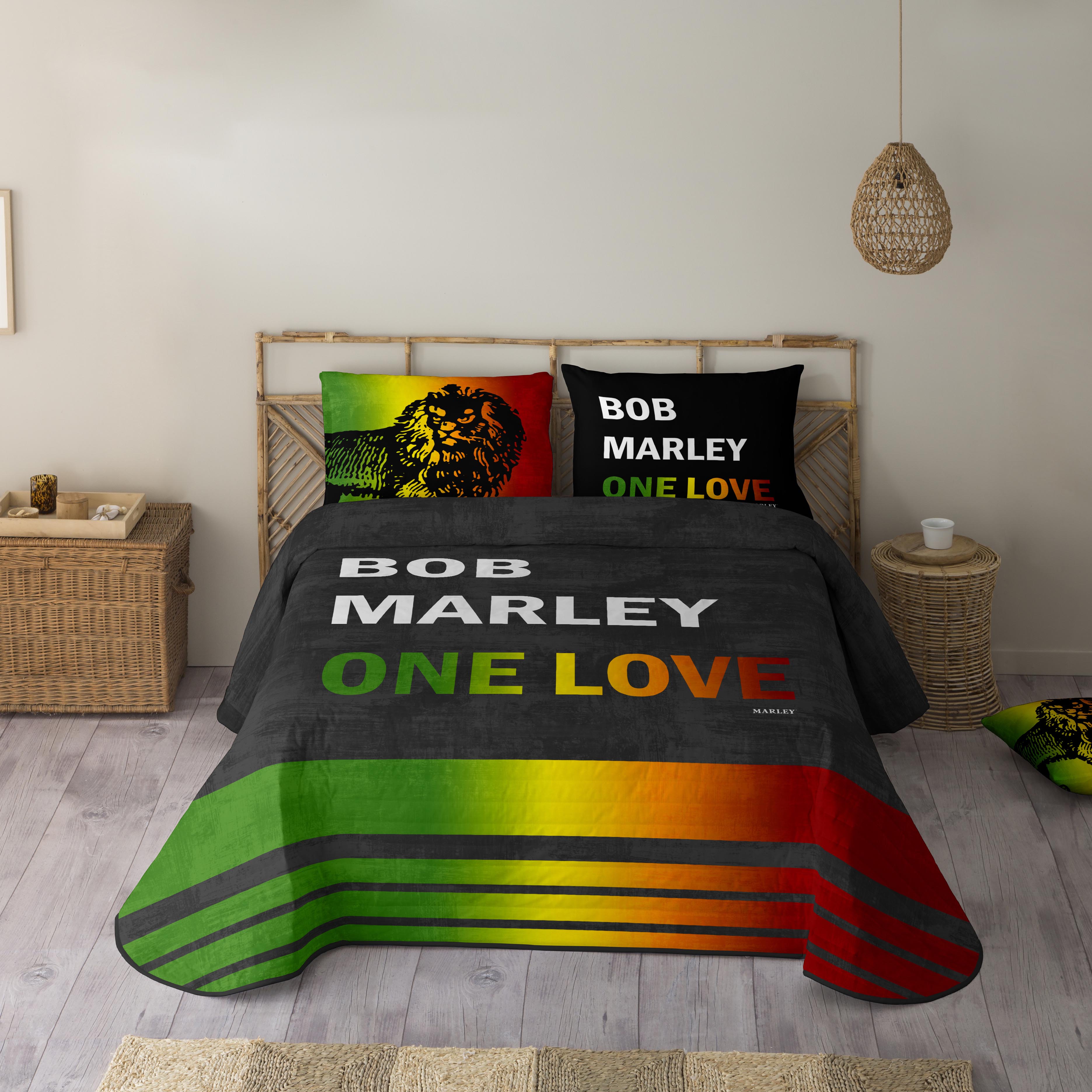MARLEY - Colcha Bouti Estampada - Microfibra  - Extra Suave - Incluye Colcha Bouti + 1 o 2 Fundas de cojines - Fabricado en España - ONE LOVE BOB MARLEY