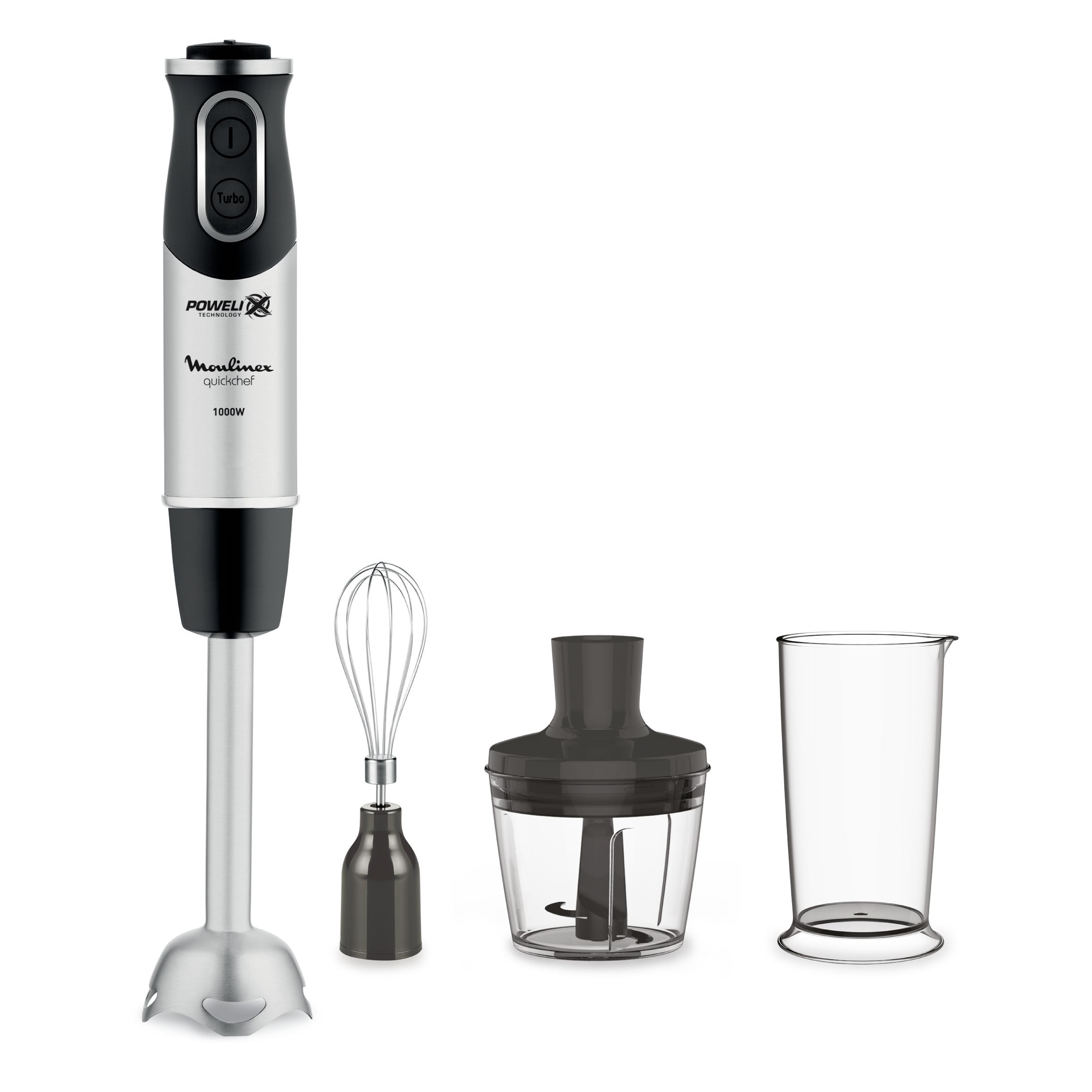 Moulinex QuickChef DD6558 Batidora de Mano 1000 W, Regulador de 10 Velocidad Turbo, 3 Accesorios para Picar y Montar y Vaso Medidor, Cúpula Antisalpicaduras, Acero