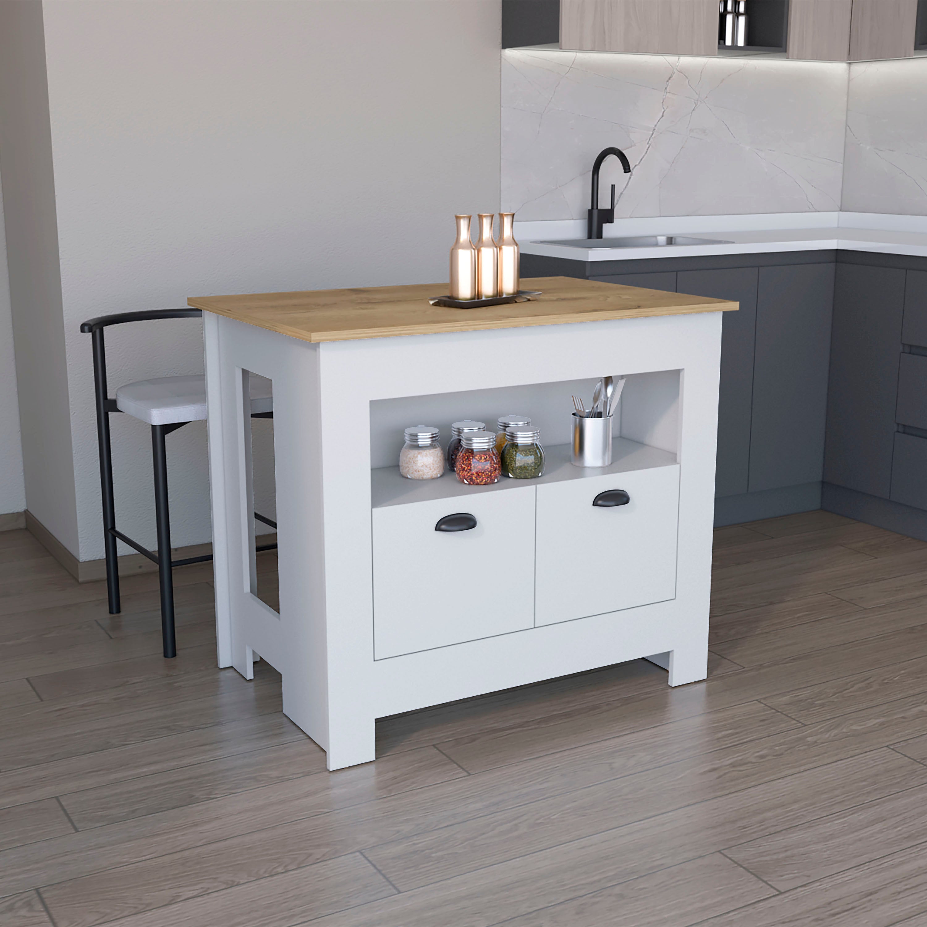 TUHOME Isla de cocina Arlet en melamina con 2 puertas y 3 estantes , Blanco / Macadamia , 89.9 cm X 103 cm X 70 cm