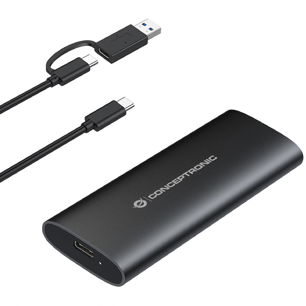 Conceptronic StreamVault DANTE04B SSD enclosure, M.2, black aluminum, USB 3.2 Gen 2, 10 Gbit/s data transfer speed, supports Windows and Mac, external hard drive solution for fast storage expansion.