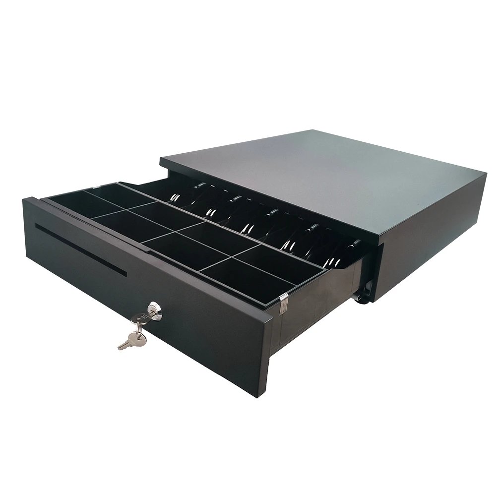 10Pos - Cajón portamonedas TPV LB-405B1 FIJA de montaje fijo, color negro, dimensiones 405 x 420 x 100 mm, peso 4,35 kg, compatible con sistemas TPV vía interfaz RJ12 y microswitch, ideal para comercios profesionales