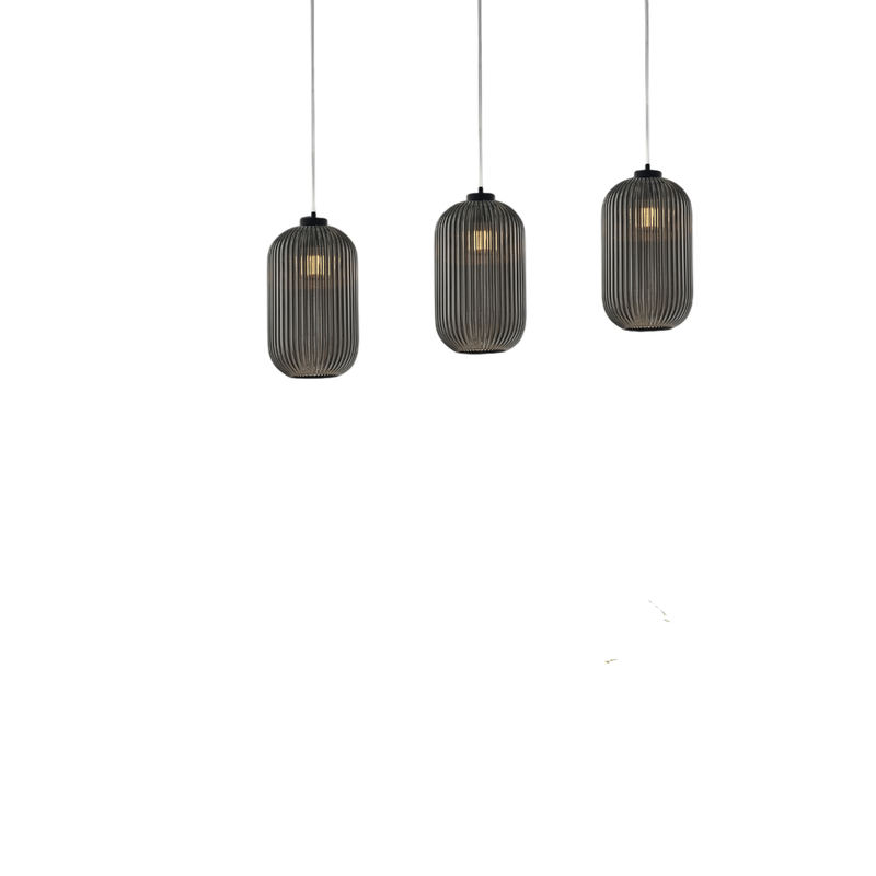 Lámpara de suspensión Krizia en hierro lacado negro con cable orientable y difusor de cristal soplado gris espejo con dec. 1 línea ligera en relieve - Belight
