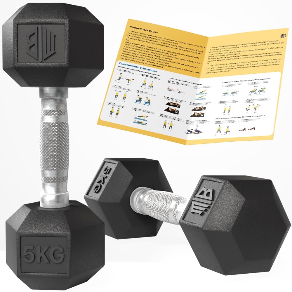 Mancuernas hexagonales de caucho profesional 10 kg, 15 kg, 20 kg, 25 kg y 30 kg - pesas antideslizantes con agarre ergonómico y barra cromada para gimnasio, fitness y musculación. MANIBOOM