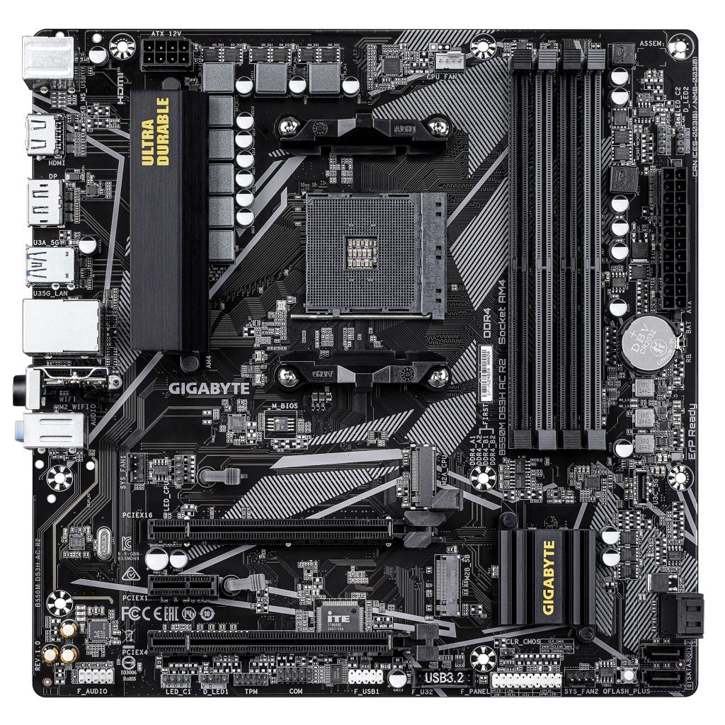 Gigabyte - Placa base B550M DS3H AC R2 micro ATX con chipset AMD B550, soporte AM4, diseño compacto para cajas pequeñas, ranuras de expansión completas, estabilidad térmica avanzada y conectividad inalámbrica integrada para montajes eficientes y duraderos