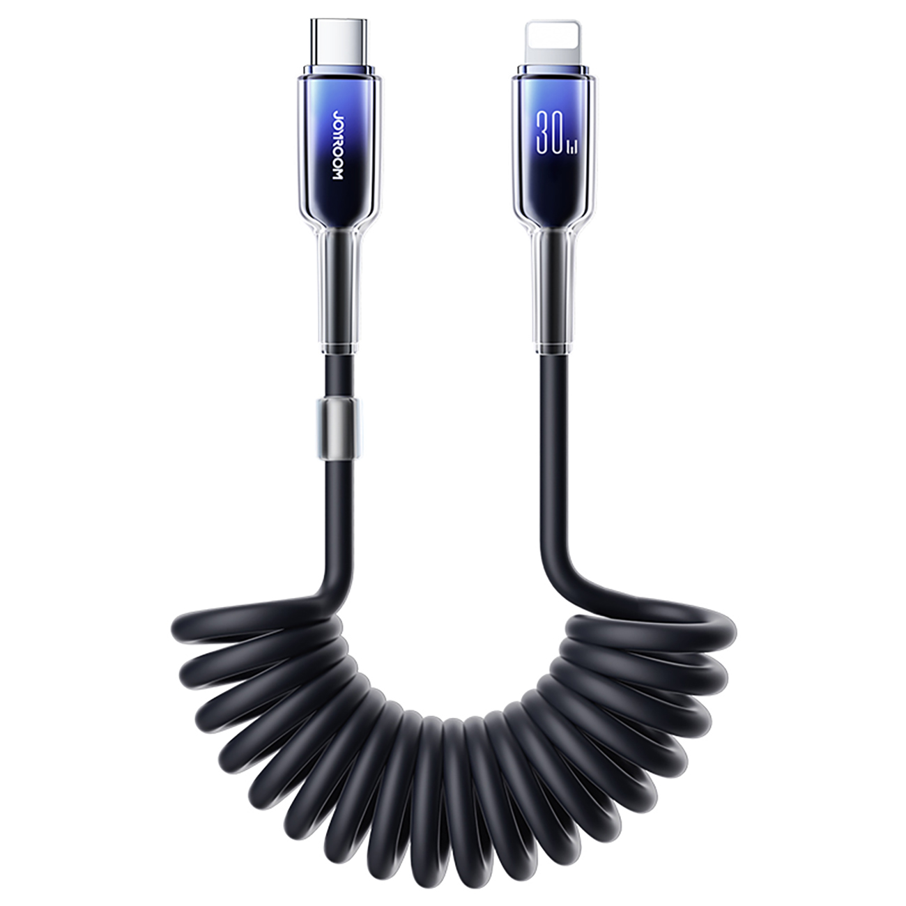 Kabel przewód spiralny USB-C - iPhone Lightning Crystal-Clear Series 30W 1.5m - czarny