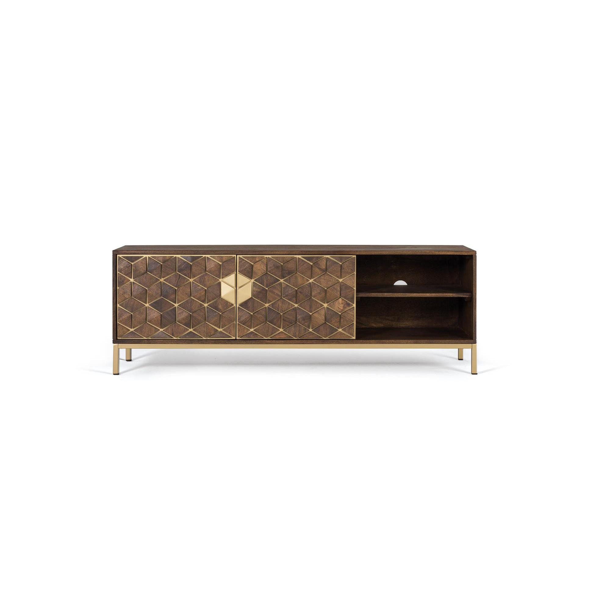 Mueble TV en madera de mango y detalles dorados