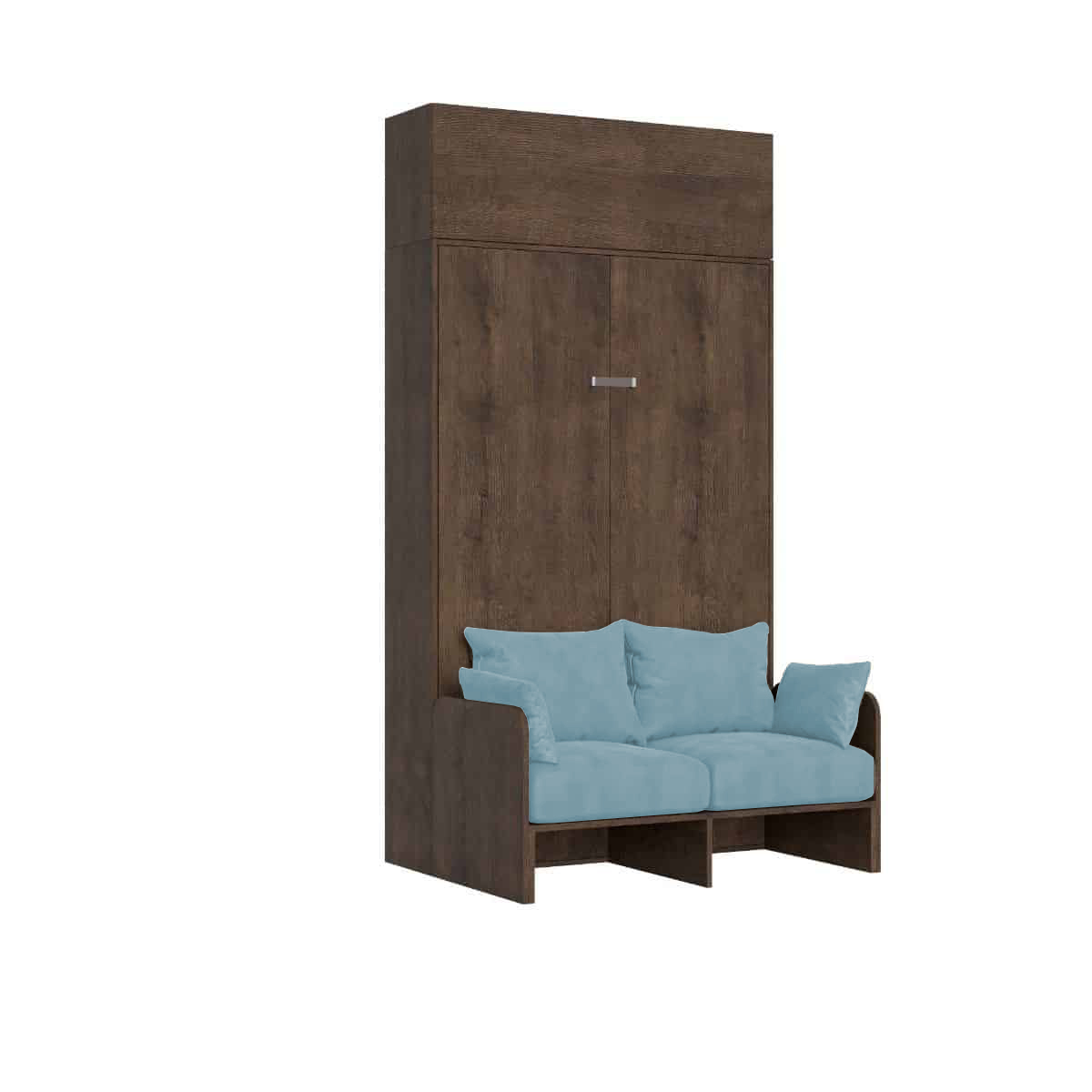 Cama doble plegable francesa Kentaro de 140 cm con sofá y mueble alto de nogal, color azul claro - Itamoby