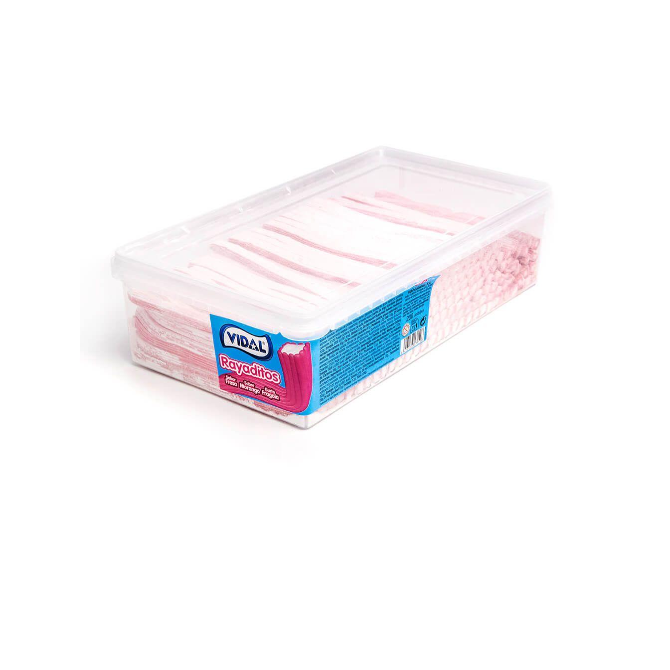 Vidal Rayaditos en bandeja de 200 unidades (1,4 Kg) Regalices de forma rectangular con sabor a fresa, frambuesa, sandía, limón, nata-fresa...