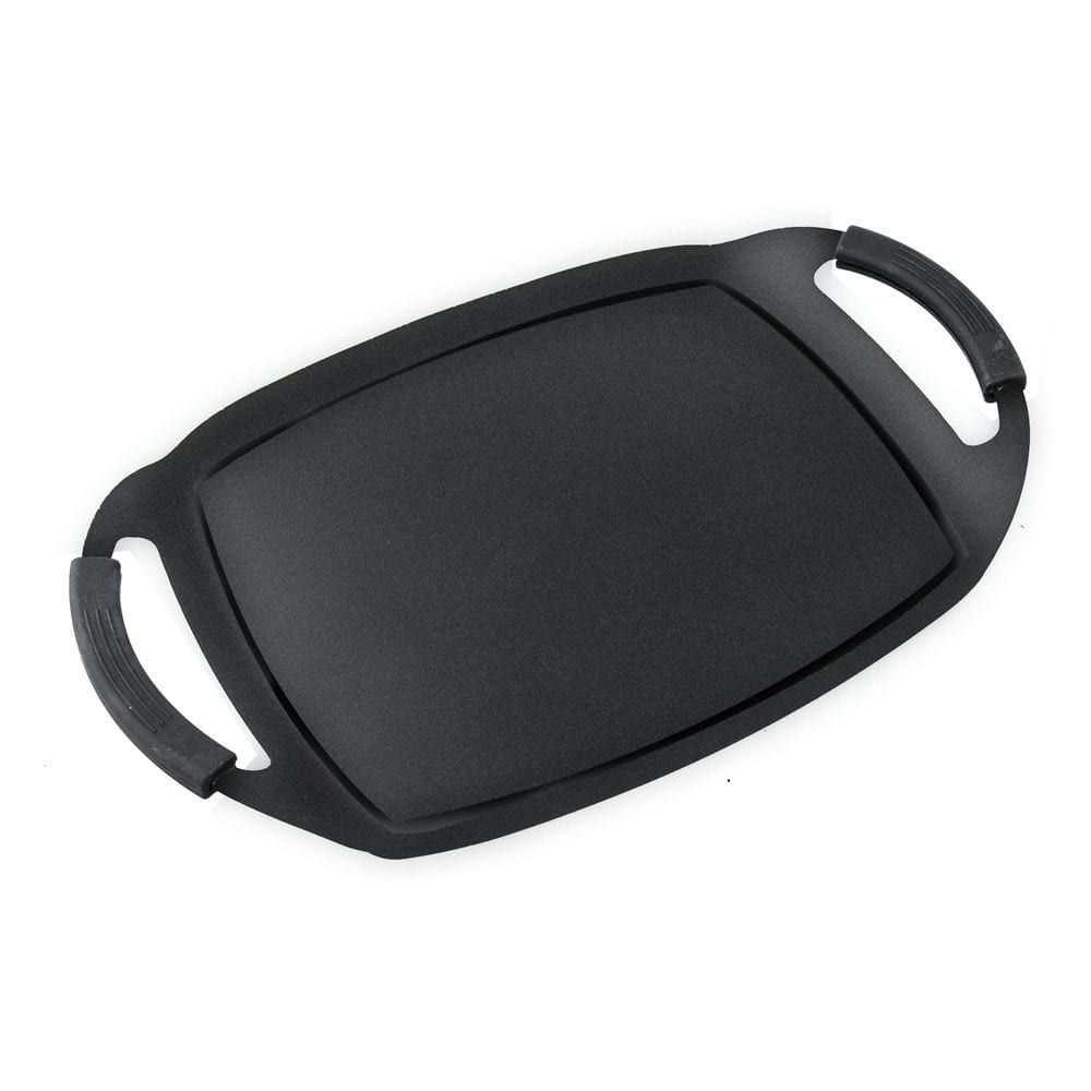 Plancha lisa de aluminio fundido -  medida: 38X28cm - Fondo inducción total con excelente distribución del calor - Adecuada para vitrocerámica, gas, eléctrica, inducción - Asas con protectores de silicona negra, desmontables - fácil de limpiar