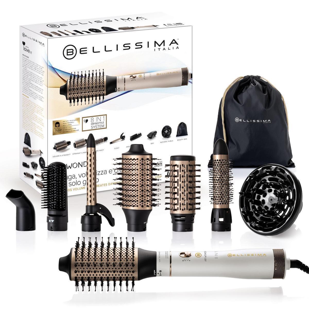 Bellissima Air Wonder - Cepillo de Aire Caliente, Tecnología Ion, 8 Accesorios, 1000W, Revestimiento de Cerámica y Queratina | ¡Estiliza y Da Volumen a tu Cabello!