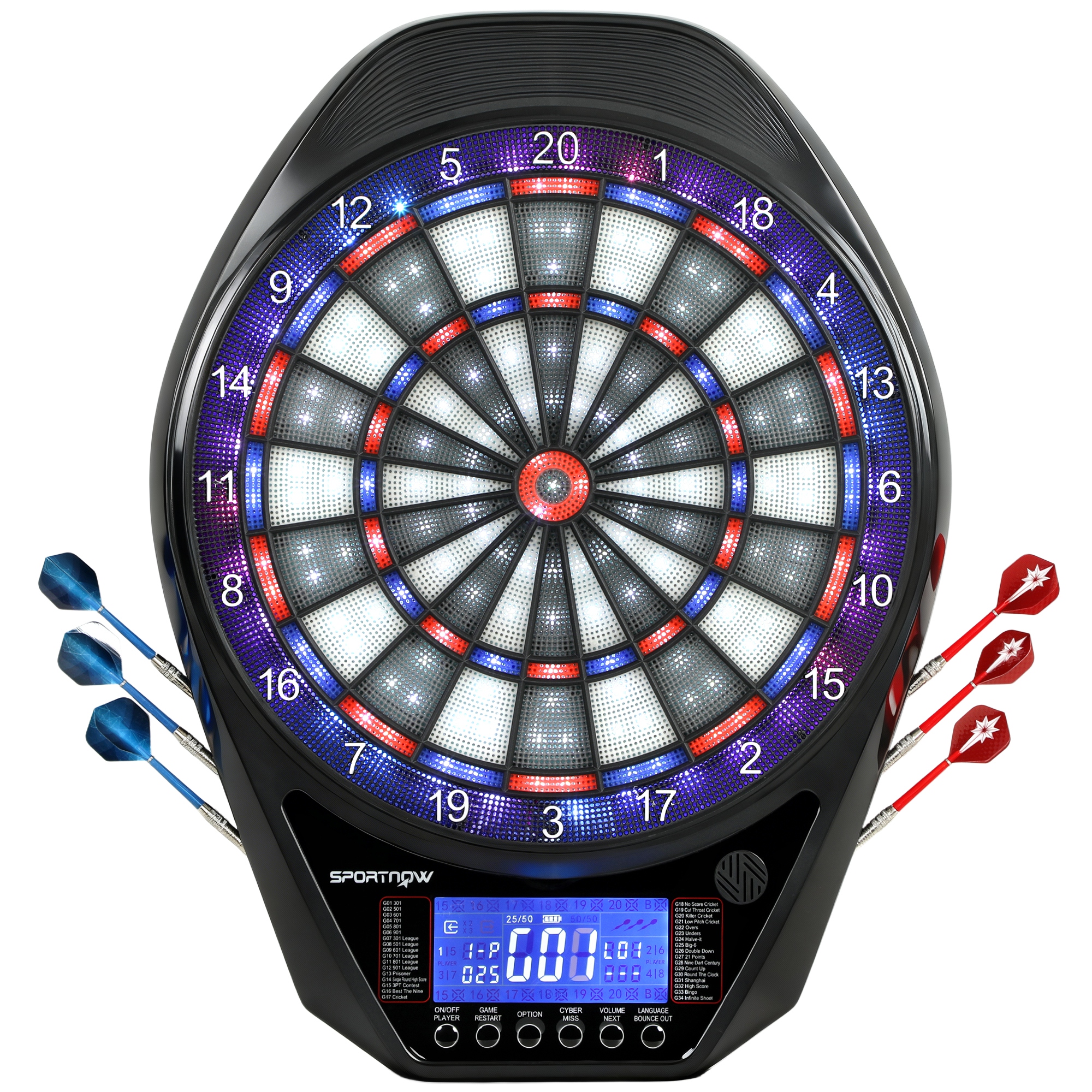 SPORTNOW Diana Electrónica con 6 Dardos y 24 Puntas Blandas, Pantalla LED para 8 Jugadores, Diana de Dardos de Pared con 34 Juegos y 2235 Programas para Niños y Adultos, Fiestas y Familia