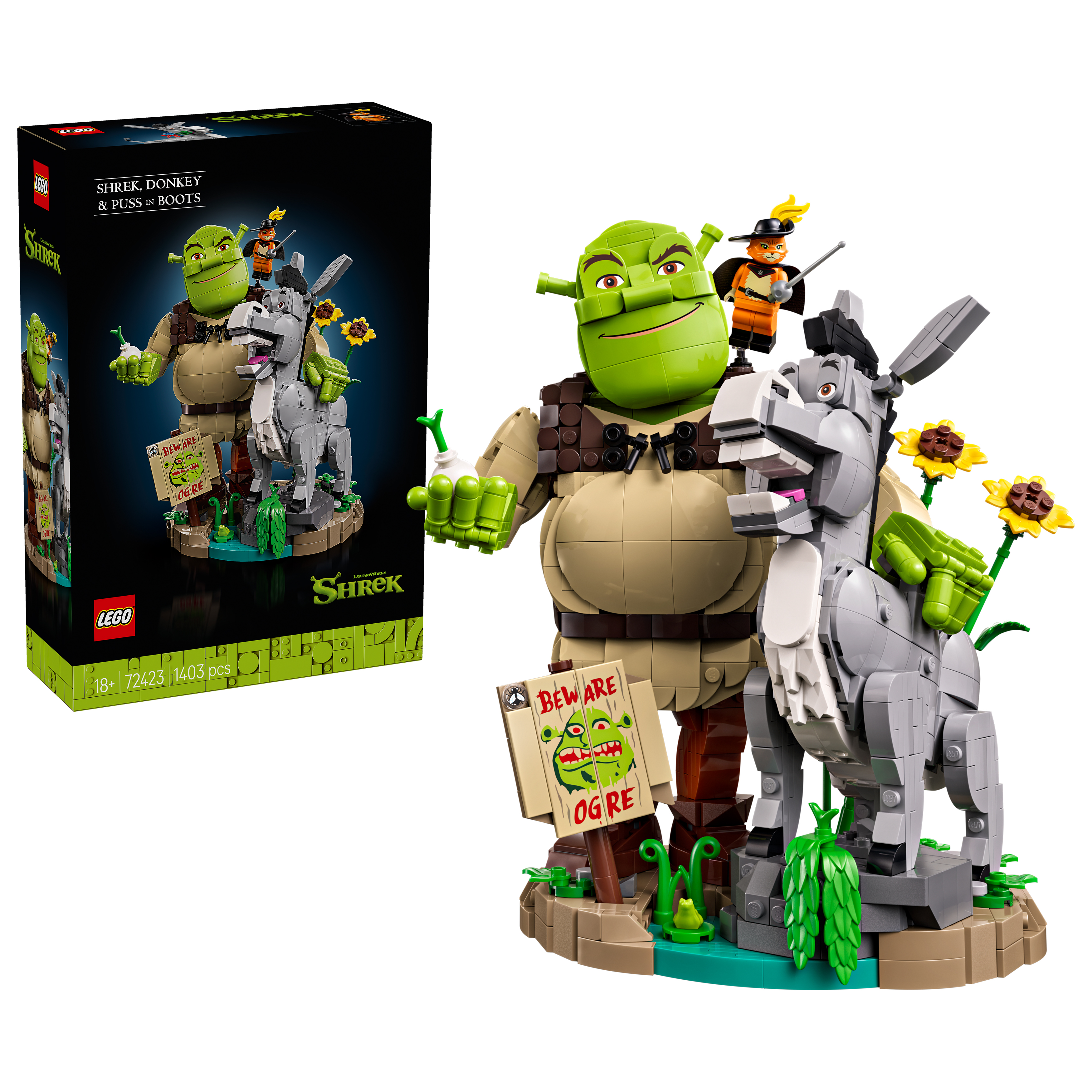 LEGO® 72423 Shrek: Shrek, Asno y Gato con Botas – Kit de Construcción para Mayores de 18 Años