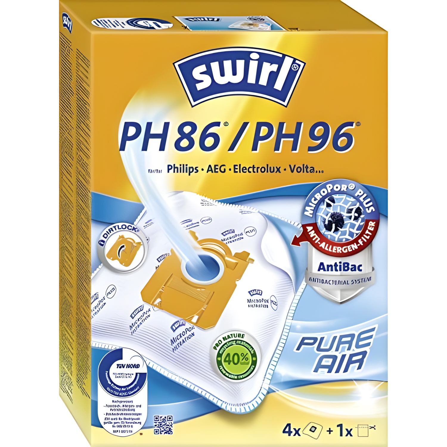 Swirl PH 86 / PH 96 Micropor Plus - Bolsas para Aspiradora Antialérgicas y de Alta Potencia para Philips, AEG, Electrolux y Volta (4 Piezas)
