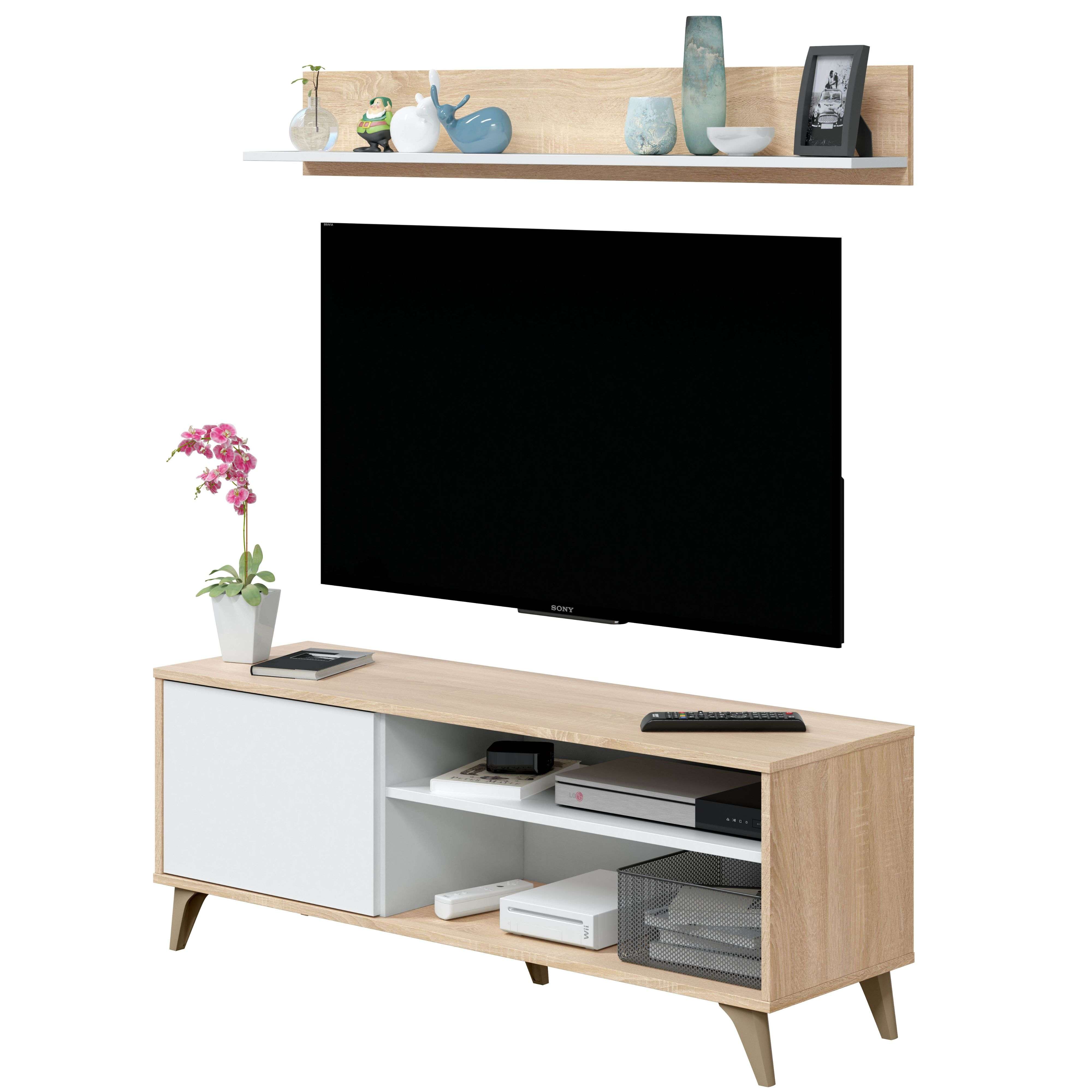 Miroytengo Mueble Tv Kikua Plus 135 cm con estante color Roble y Blanco Salón Comedor