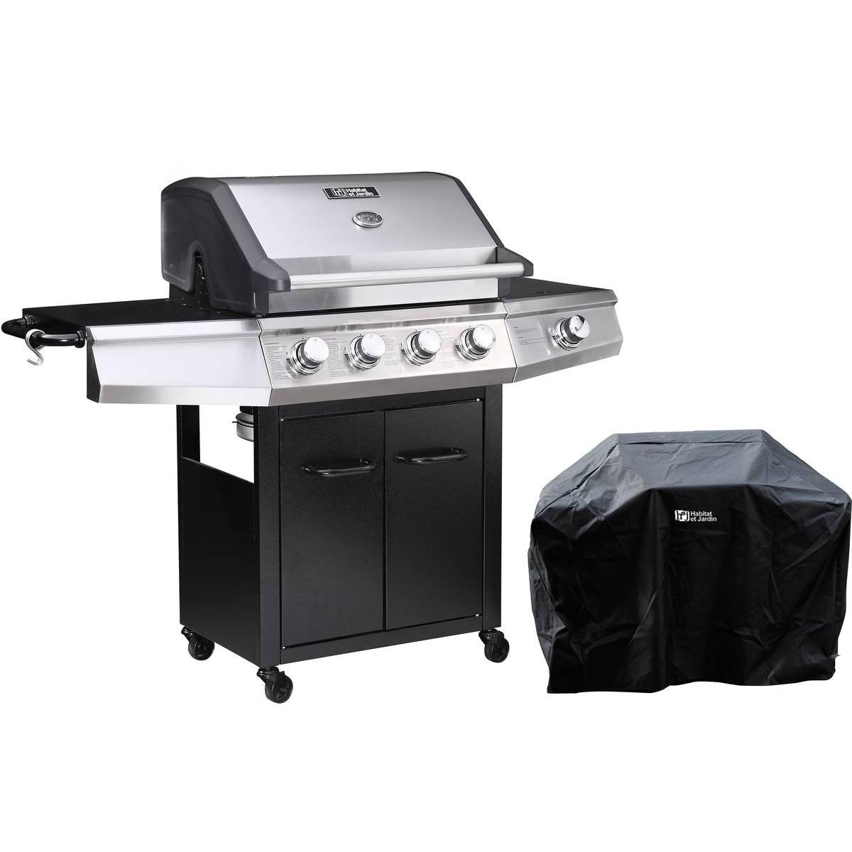 Habitat y Jardin - Barbacoa a gas "Bingo 5" - 5 quemadores (1 lateral) - 15.2kW + Funda de protección - Negro
