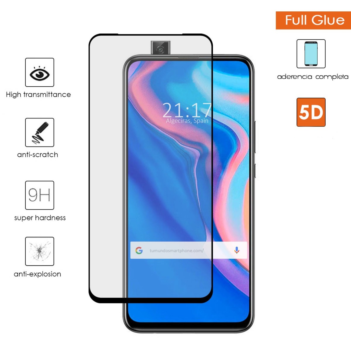 Tumundosmartphone Protector Cristal Templado Completo 5D Full Glue Negro para Huawei P Smart Z Vidrio