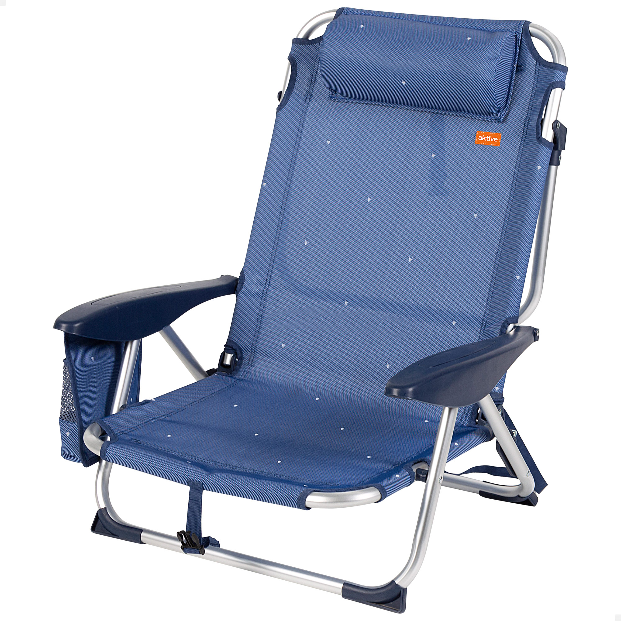 Aktive - Silla de playa plegable con respaldo reclinable 4 posiciones_ 51x45x76 cm_ fabricada de aluminio y textileno_ con cojín_ bolsillo lateral_ topes antivuelco y asa hombro_ máx. 110 kg_ sillas de playa_ sillas plegables_ accesorios verano