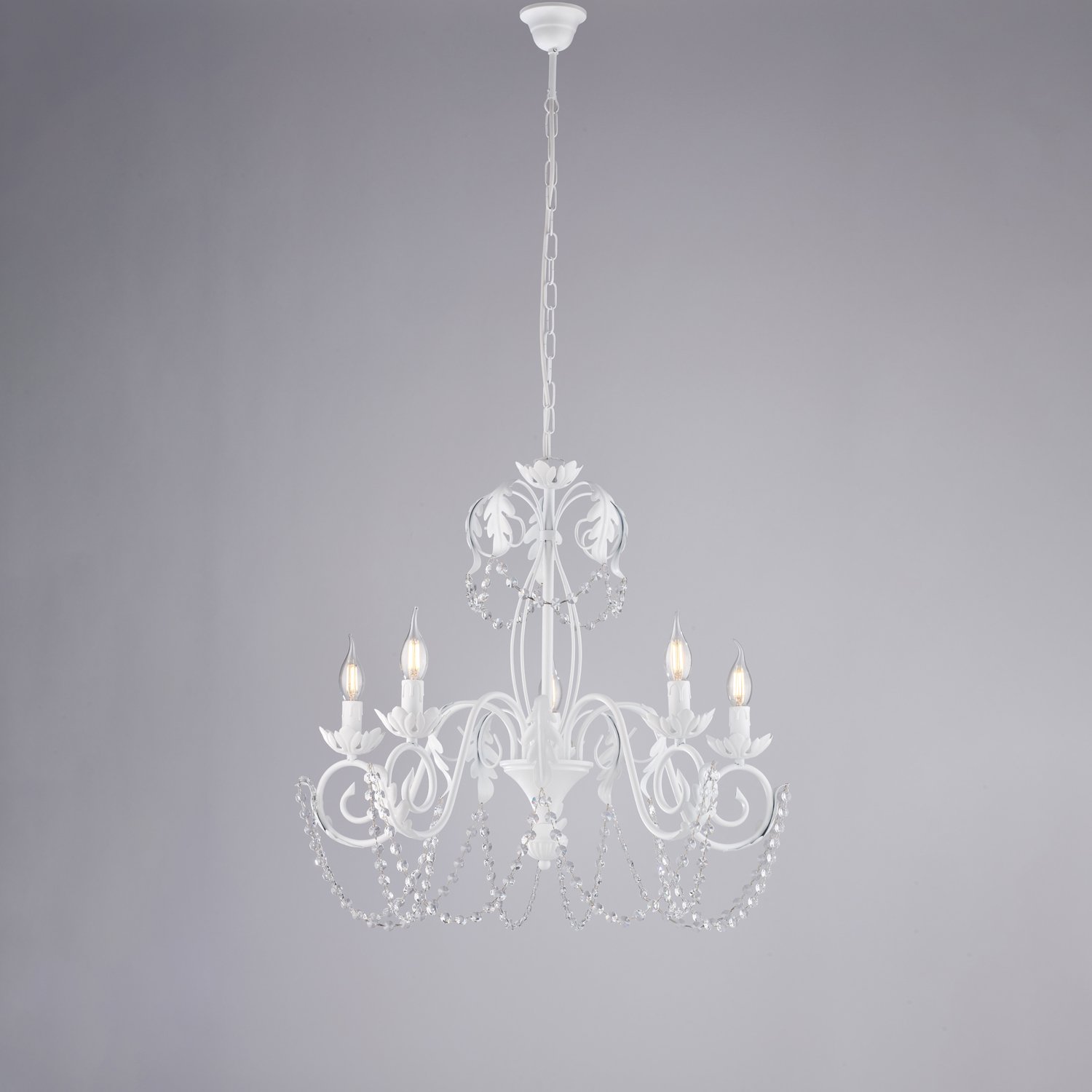 Araña Shabby Damascus 5 Luces de Hierro soplada Blanco y Cristales