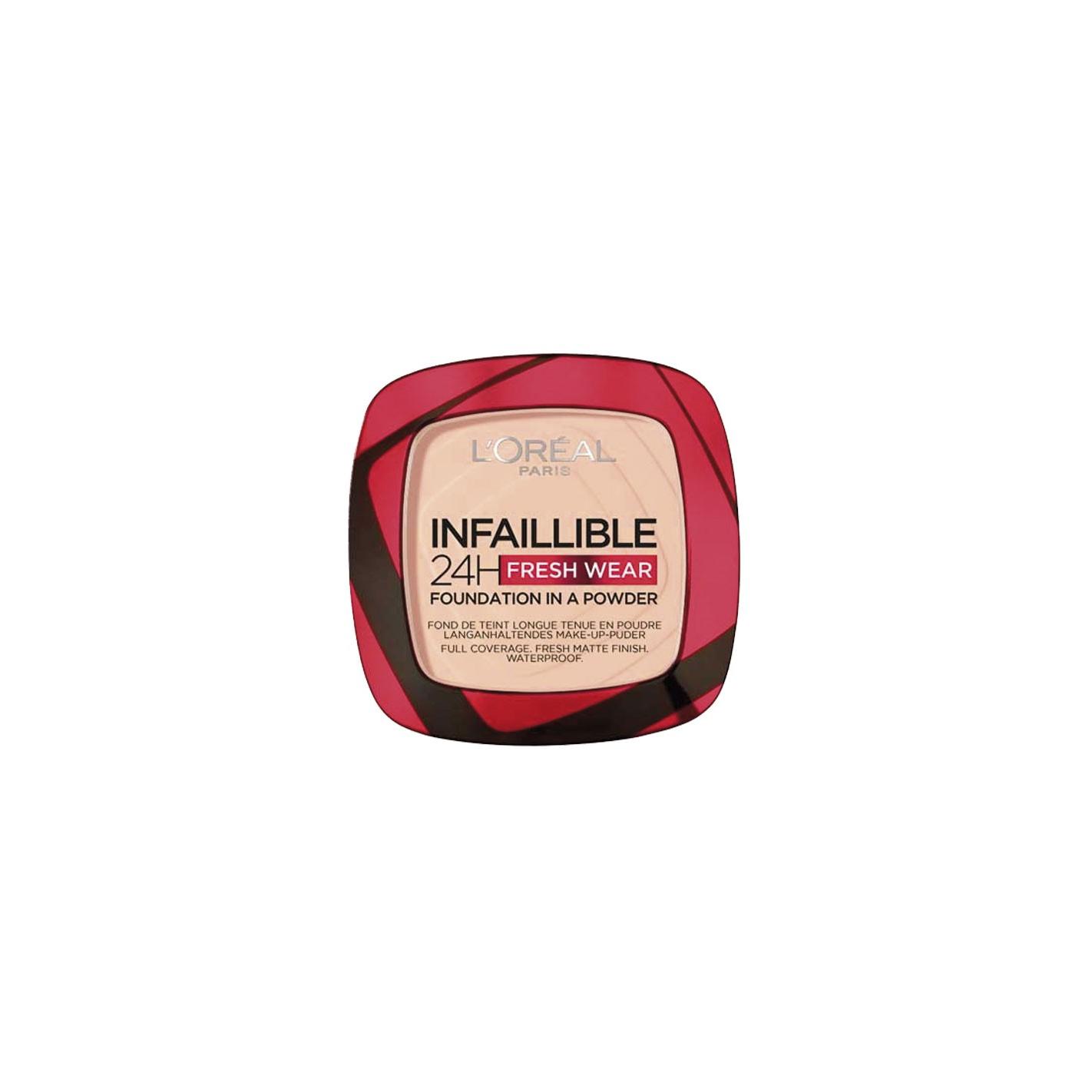 L'Oréal Paris - Maquillaje en polvo COMPACT FRESH WEAR con cobertura media-alta, acabado mate impecable resistente al agua, calor y humedad, ideal para mujer, no comedogénico y waterproof