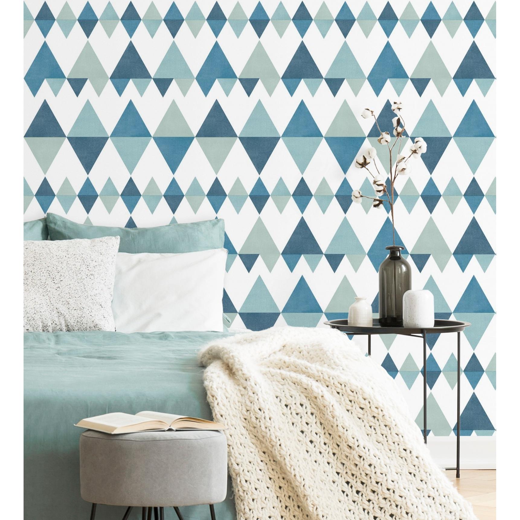 Papel pintado vinílico ecológico nórdico de rombos azules y turquesas - Hans Metrix 679421 de GAULAN - Rollo de 10 m x 0,53 m