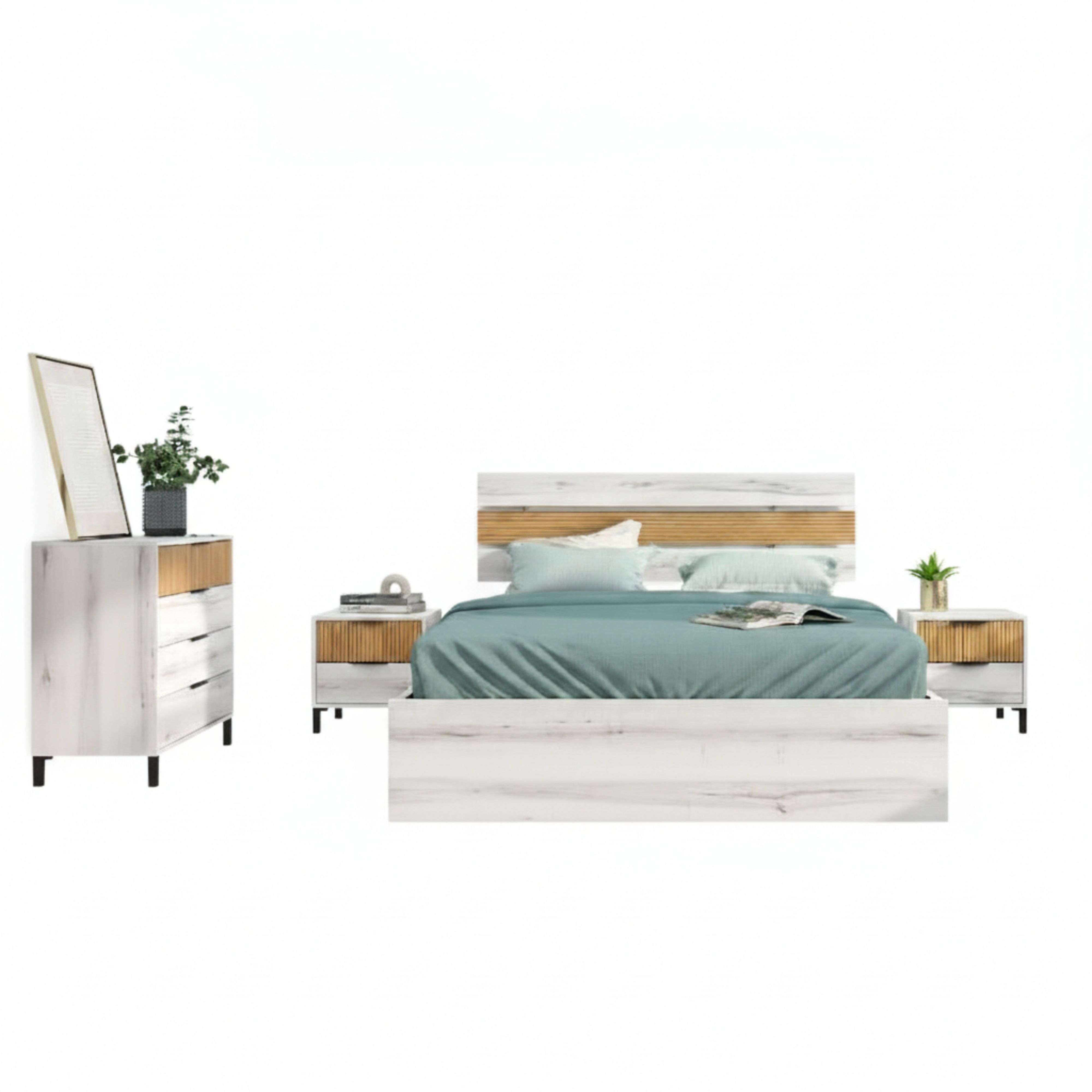 Miroytengo Conjunto de Muebles de Dormitorio Estilo Nórdico en Color Blanco Albo y Roble Rayado con Varias Distribuciones