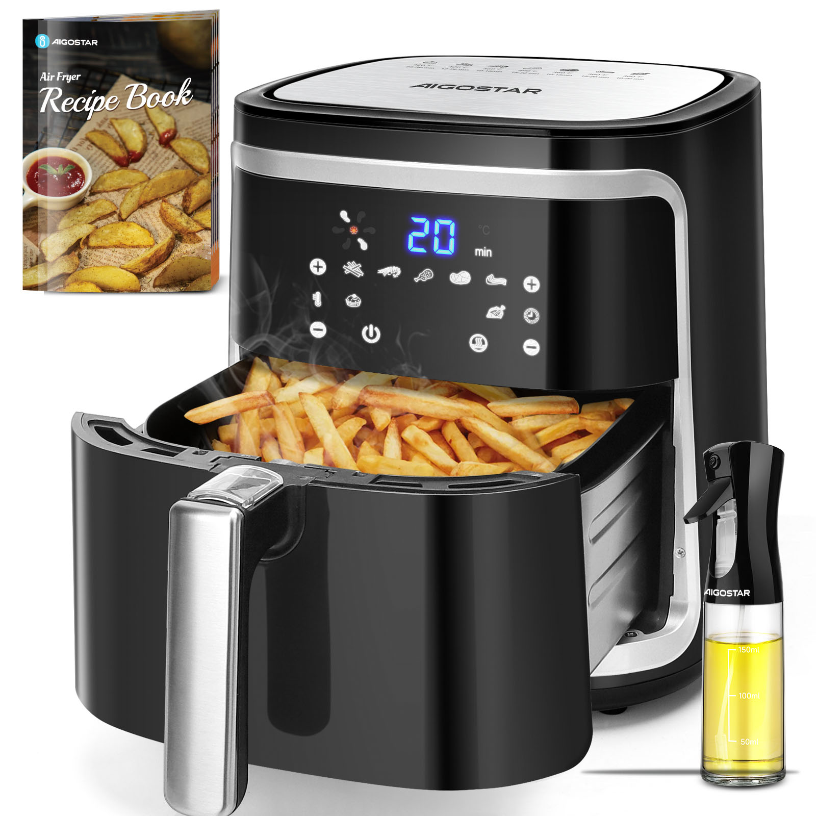 AIGOSTAR Freidora de Aire sin Aceite 7L,1900W. Pantalla LED táctil, 7 Funciones Preestablecidas + Mantener Caliente y Modo Manual, Libro de Recetas y Pulverizador de Aceite Incluido, Libre de BPA