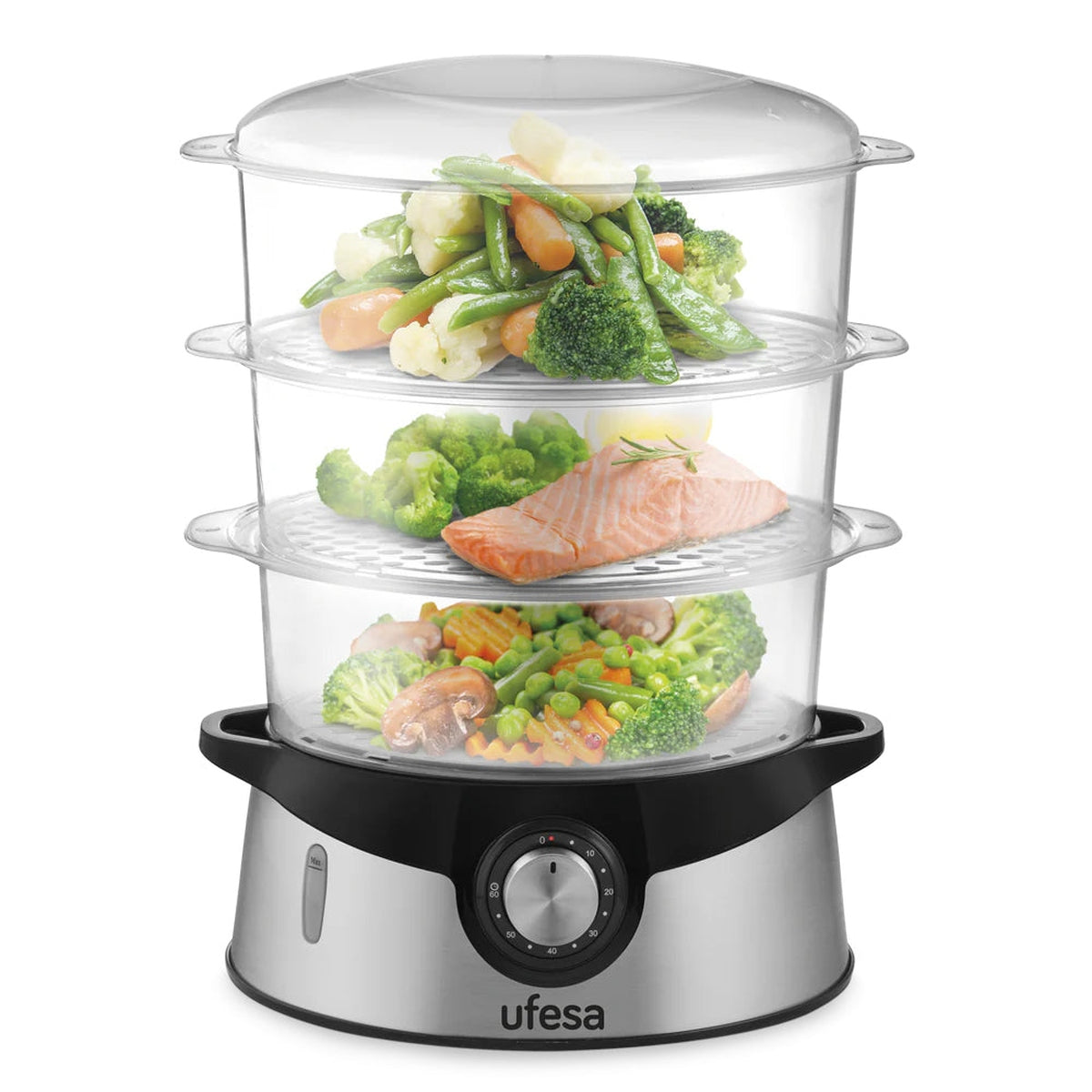 Ufesa - Vaporera eléctrica CV4000 Vaporino con 3 bandejas apilables de 9 L, conserva vitaminas y nutrientes, control de nivel de agua visible y temporizador de 60 min con apagado automático