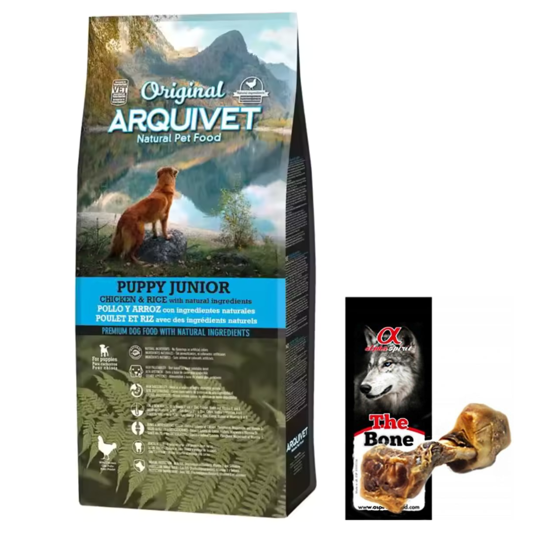 Pienso para Perros Original Puppy Junior + Hueso de jamon - Pollo y arroz Cachorros de Todas Las Razas - Comida para Perros jóvenes o Madres gestantes - Alimento seco para Perros - Alimentación Canina ARQUIVET