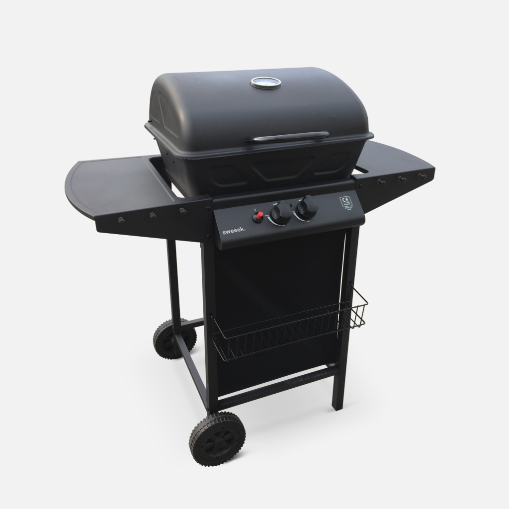 sweeek - Barbacoa de gas de 2 quemadores con estantes laterales y termómetro , Aramis , 97x54x100