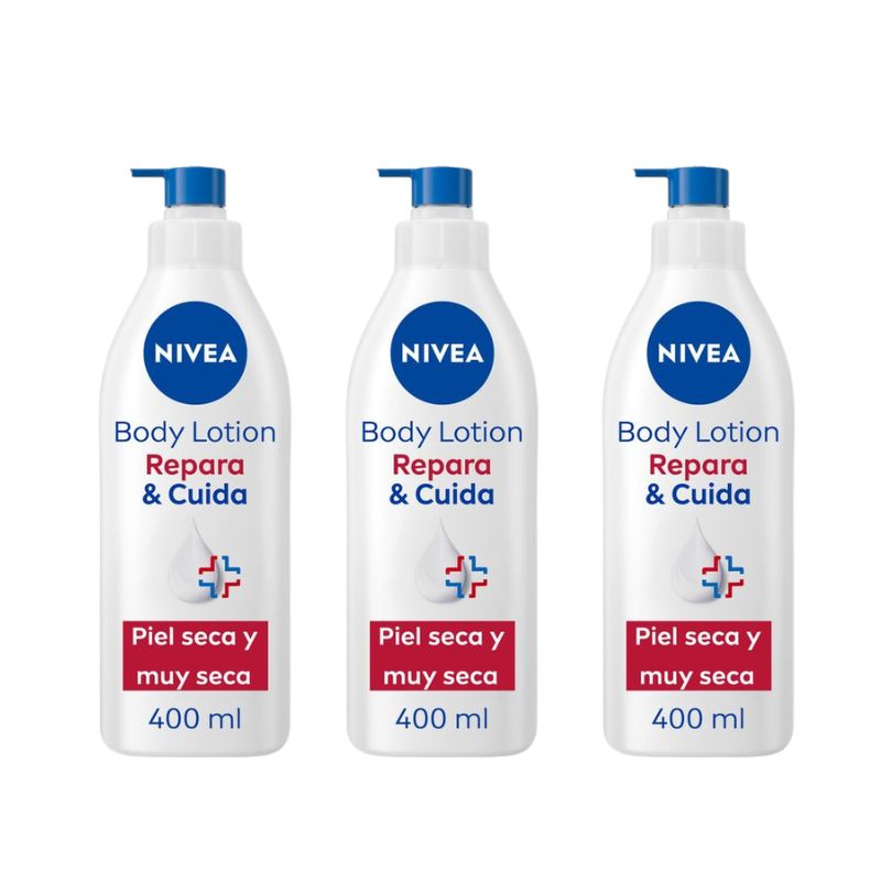 NIVEA Loción Corporal Hidratante con Dispensador Body Milk Repara y Cuida 400 ml - Pack de 3 x 400 ml【ROUA】