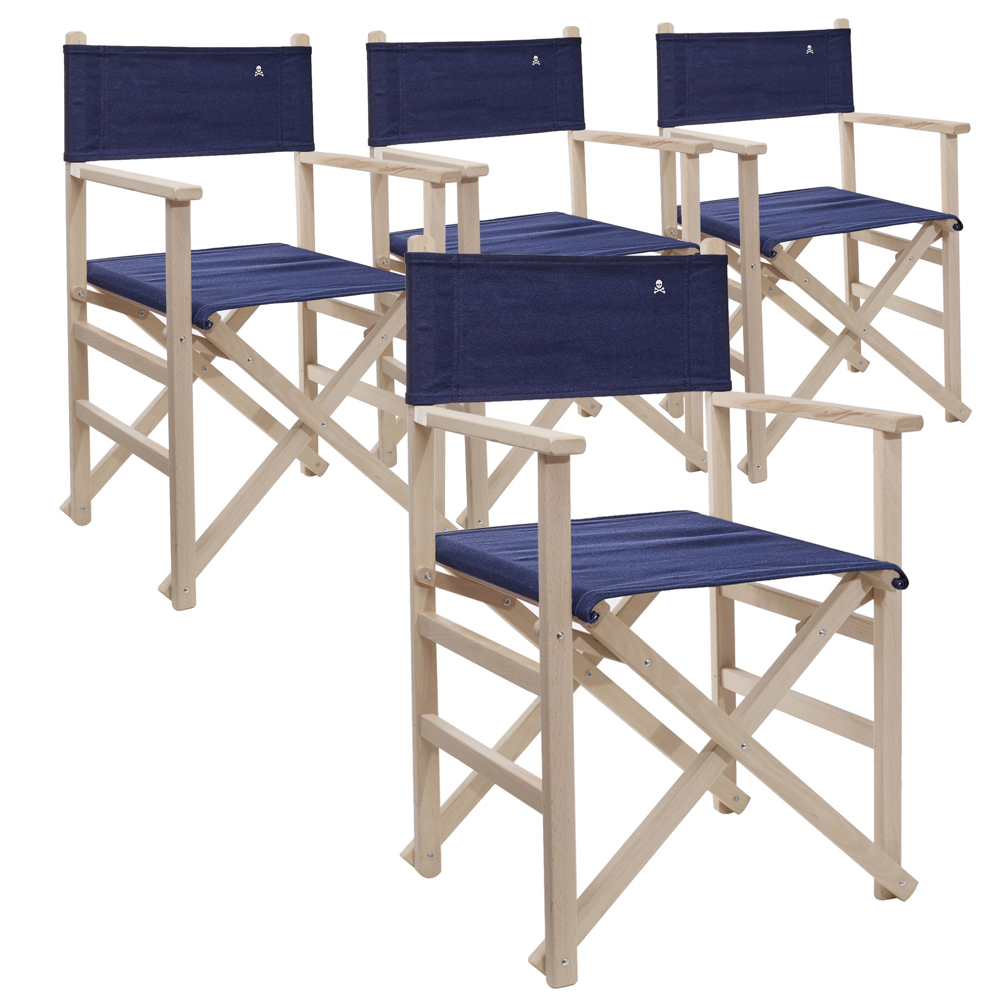 Scalpers Home Set de 4 Sillones director plegables en madera de haya de primera calidad, sin barniz y lona azul oscuro