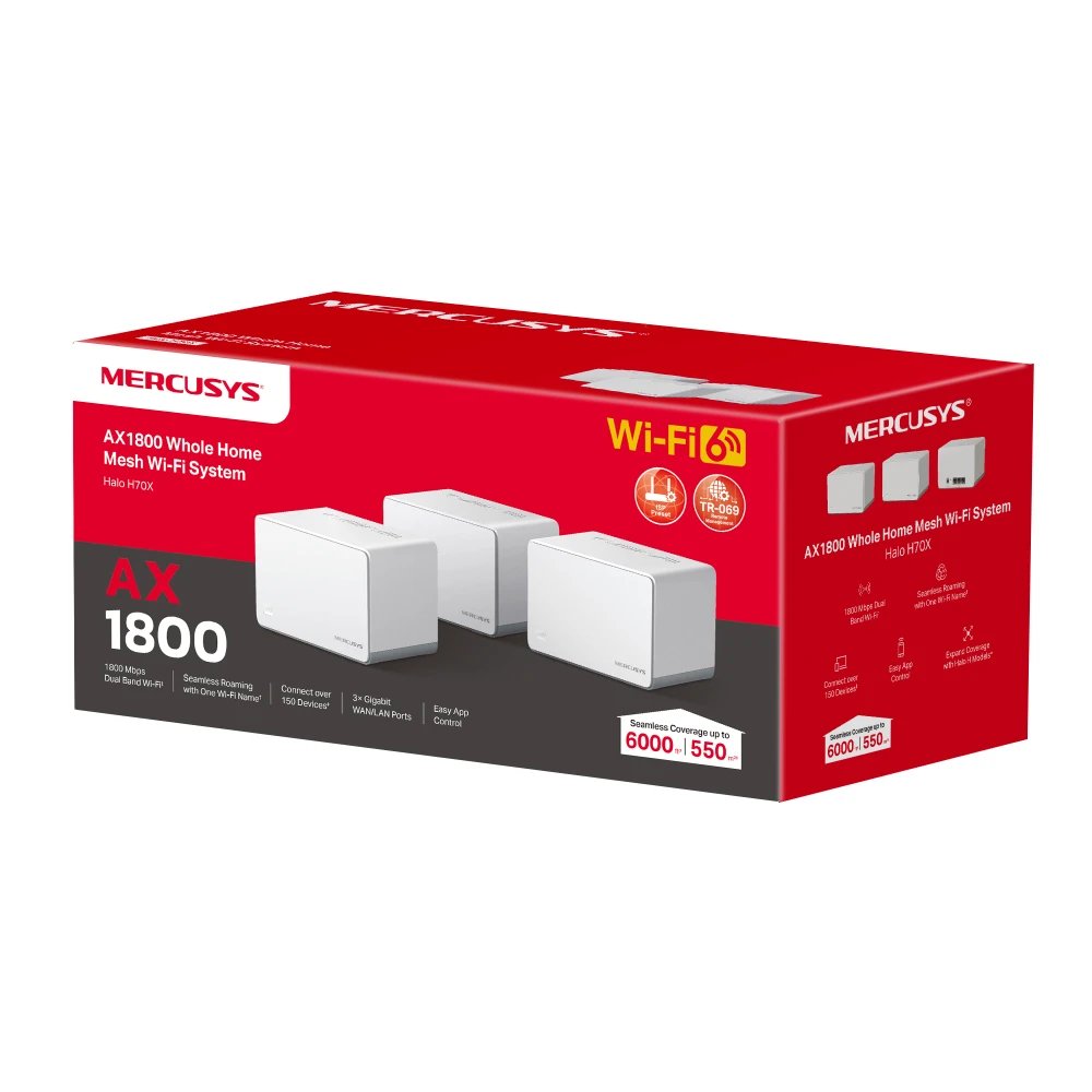Wifi Link 2,4 GHz 5 GHz Rango de Transferencia Hasta 1800 Mbps (1201 Mbps en 5 GHz y 574 Mbps en 2.4 GHz) Mercusys HALO H70X(3-PACK)  | Blanco