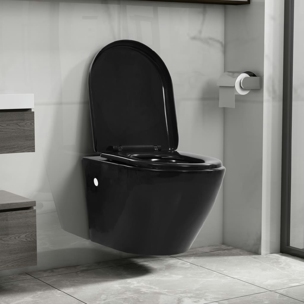 vidaXL INODORO DE PARED SIN BORDES DE CERÁMICA NEGRO
