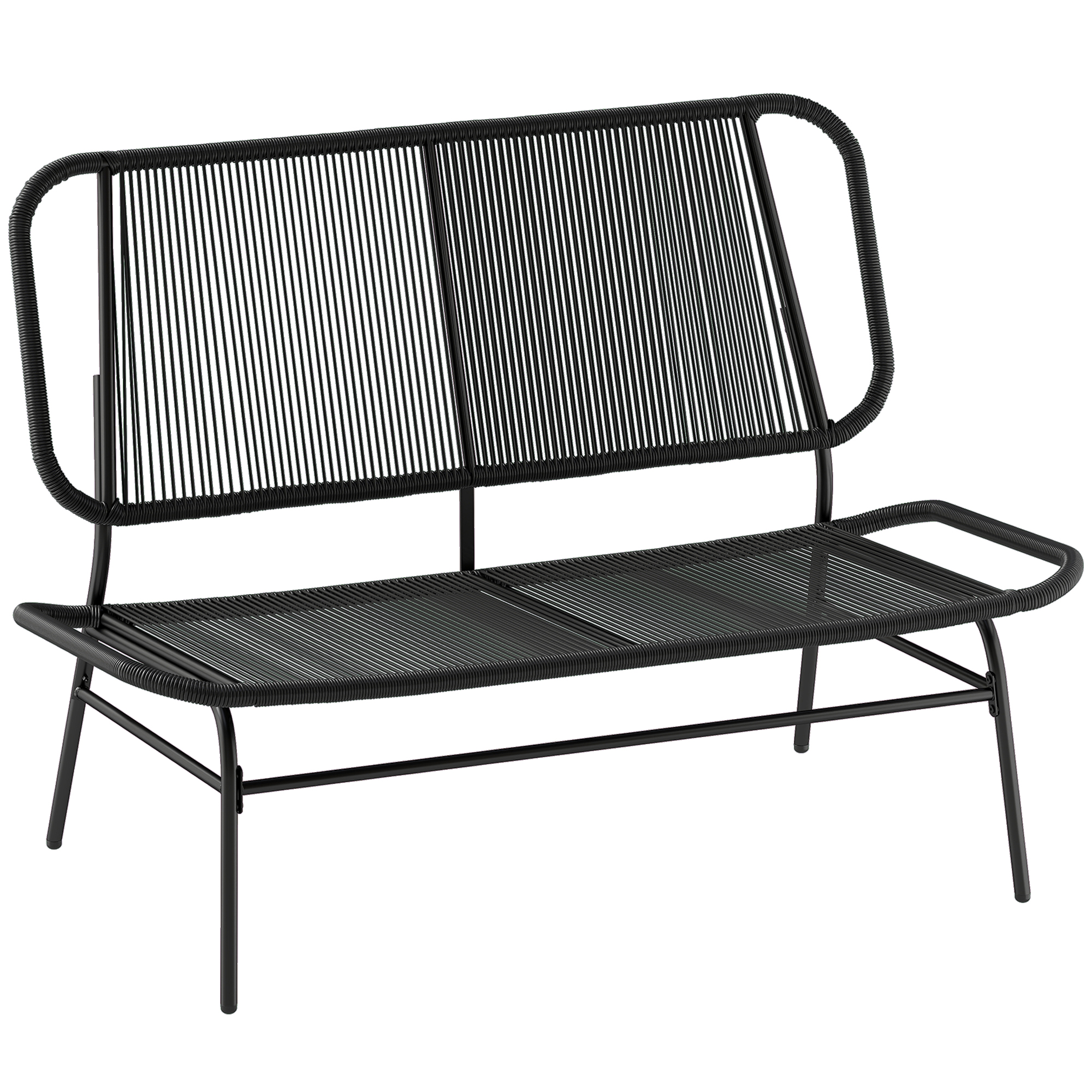 Outsunny Sofá Exterior de Ratán de 2 Plazas, Sofá de Jardín Exterior con Asiento y Respaldo Tejidos de Ratán PE, Estructura de Acero, Carga 240 kg, para Balcón, Porche, Patio, Negro