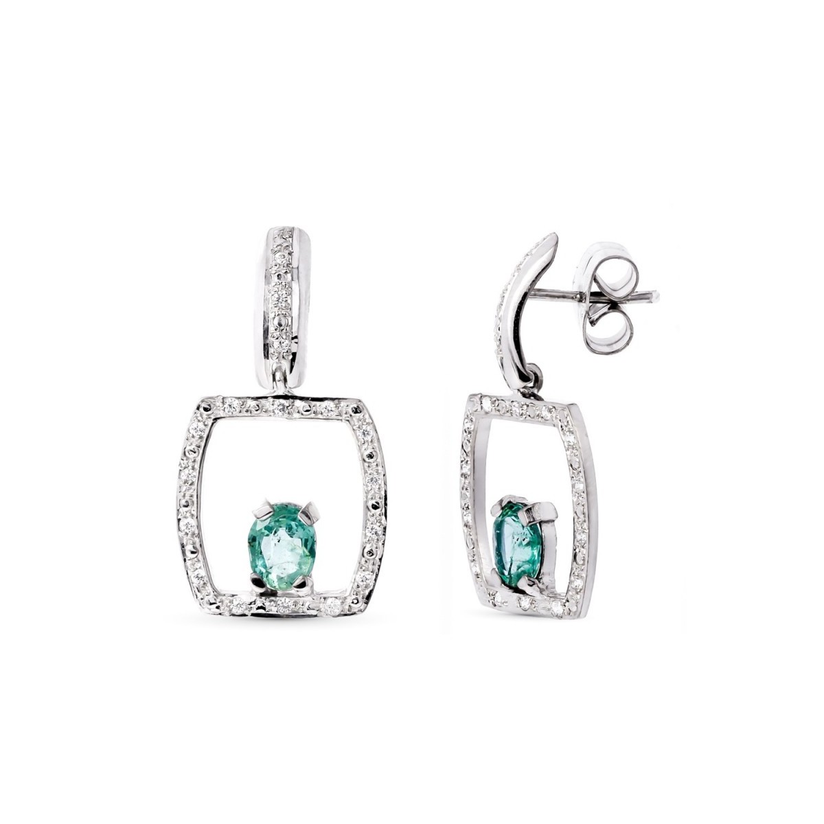 Pendientes oro blanco 18k mujer largos forma rectangular calada circonitas combinadas esmeralda